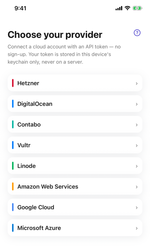Choosing a cloud provider in Nuverian — eight providers supported, with your API token stored only on your device