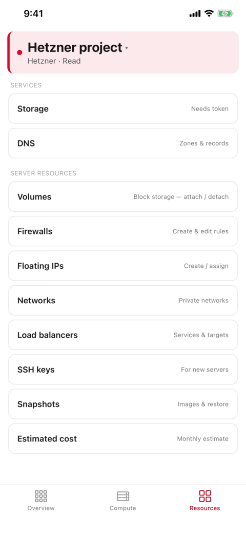 The resources hub: storage, DNS, volumes, firewalls, networks, load balancers, SSH keys, snapshots and cost